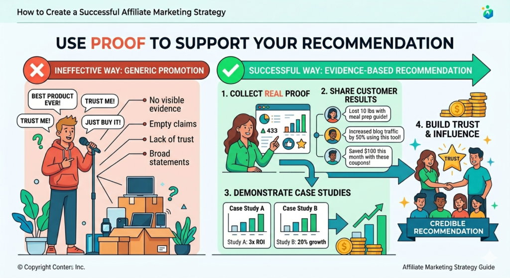 People believe recommendations more when they are supported by proof. Proof can come from your own testing, customer reviews, case studies, product data, screenshots, examples, or real use cases.
