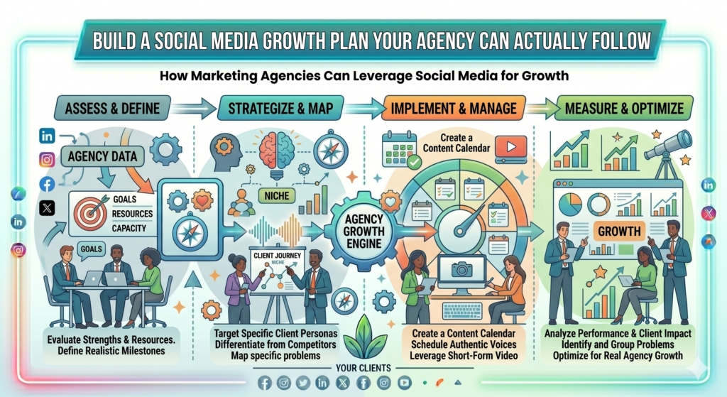 A strong social media strategy is not the one that looks best in a slide deck. It is the one your agency can actually follow when client work gets busy, sales calls pile up, reports are due, and the team has limited time.
