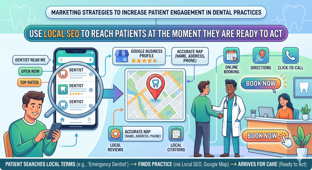 Local SEO is one of the most powerful ways to increase patient engagement because it reaches people when they are already looking for dental care. A patient searching “dentist near me,” “emergency dentist near me,” or “teeth cleaning near me” is not just browsing. They may be ready to book.
