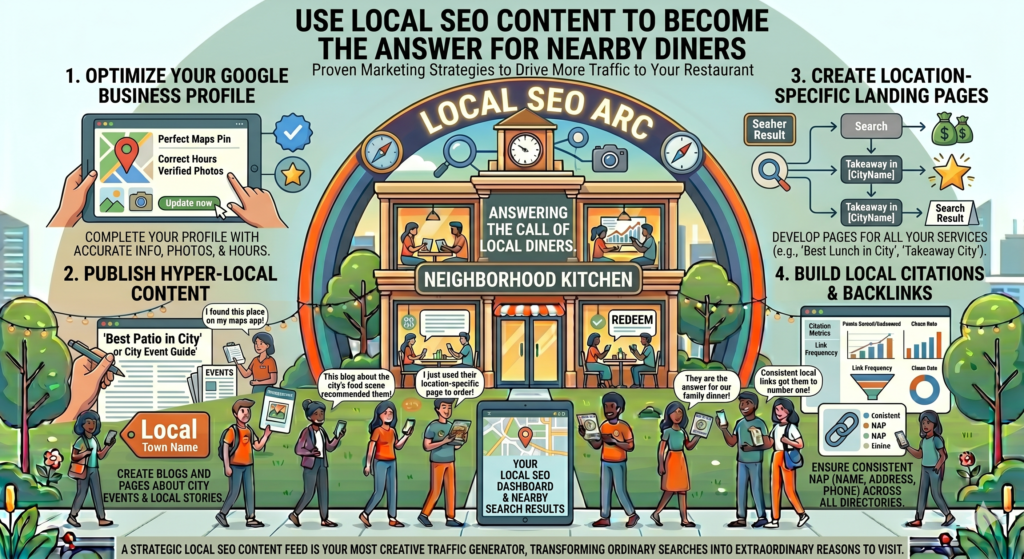 Restaurant SEO is about helping nearby people find clear answers. Where should I eat lunch near this office area? Where can I book a birthday dinner? Which restaurant has vegan options? Where can I eat before the show? Who offers catering near me? Which cafe is open early? Where can I take my family this weekend?