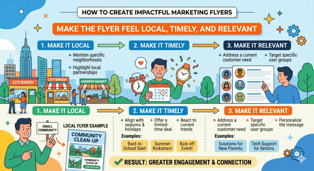 A flyer often works best when it feels connected to the reader’s real world. Local details, seasonal timing, and current needs can make the message feel more relevant.