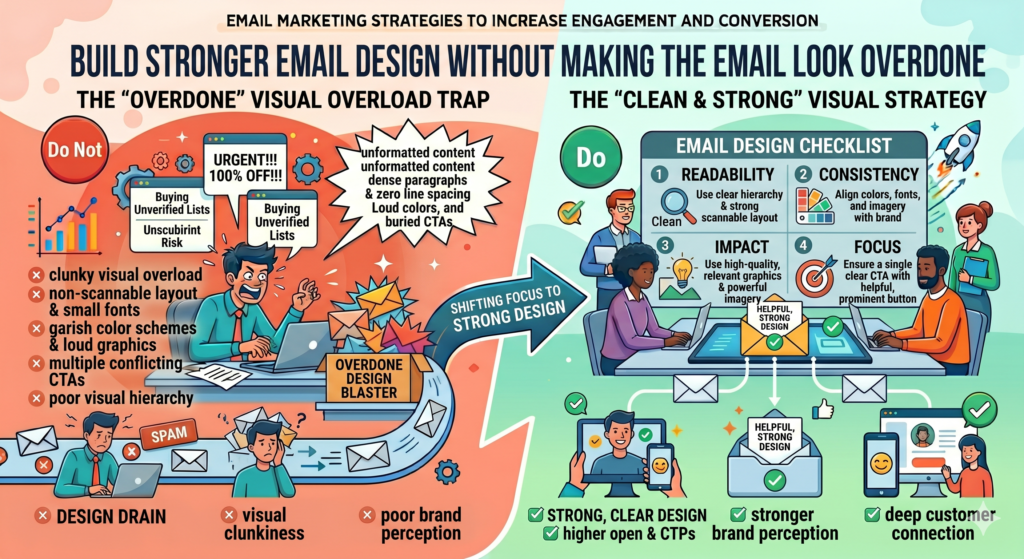Email design matters, but it should never get in the way of the message. A beautiful email that people do not understand will not convert. A simple email with a clear idea, strong flow, and easy next step often performs better than a polished design that feels like an ad.