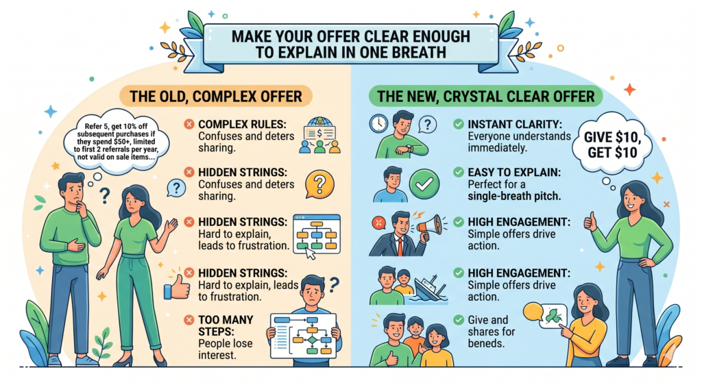 A referral program must be easy to understand. If people need to read three paragraphs to know what they get, what their friend gets, when the reward arrives, and how the process works, the program is already too heavy.