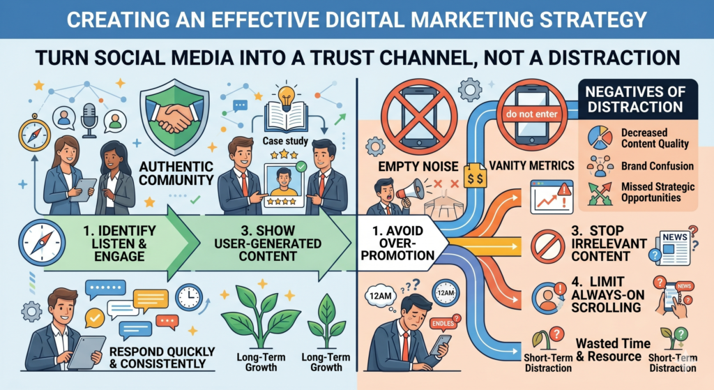 Social media can help a business grow, but only when it has a clear role. Without a strategy, it becomes a daily pressure machine. You feel like you must post all the time, follow trends, comment everywhere, and keep up with every platform.