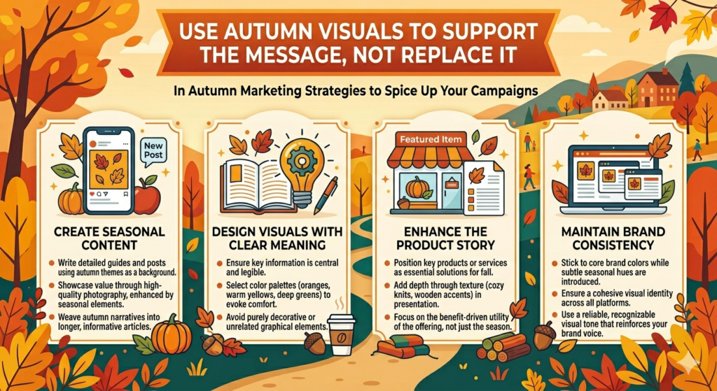 Autumn is visually rich. Warm colors, changing leaves, soft light, cozy spaces, seasonal food, warm clothes, and harvest themes all make campaigns feel attractive. But visuals can also become a trap. Many brands rely on autumn design without saying anything useful.
