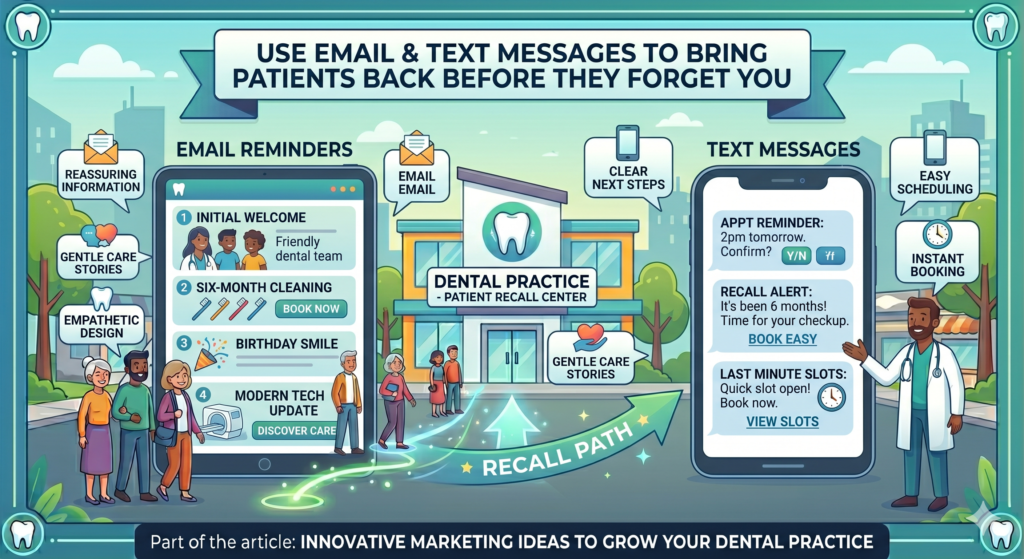 Your existing patients already know you. Many trust you. Some simply forget to book. Some delay treatment. Some miss cleanings. Some mean to come back but life gets busy. This is where email and text marketing can quietly add a lot of revenue.