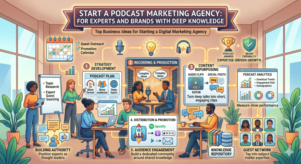 Podcasting is a smart agency idea because many experts have more knowledge than they have content. They can talk clearly about their market, customers, and lessons, but they struggle to turn that knowledge into a steady marketing system.