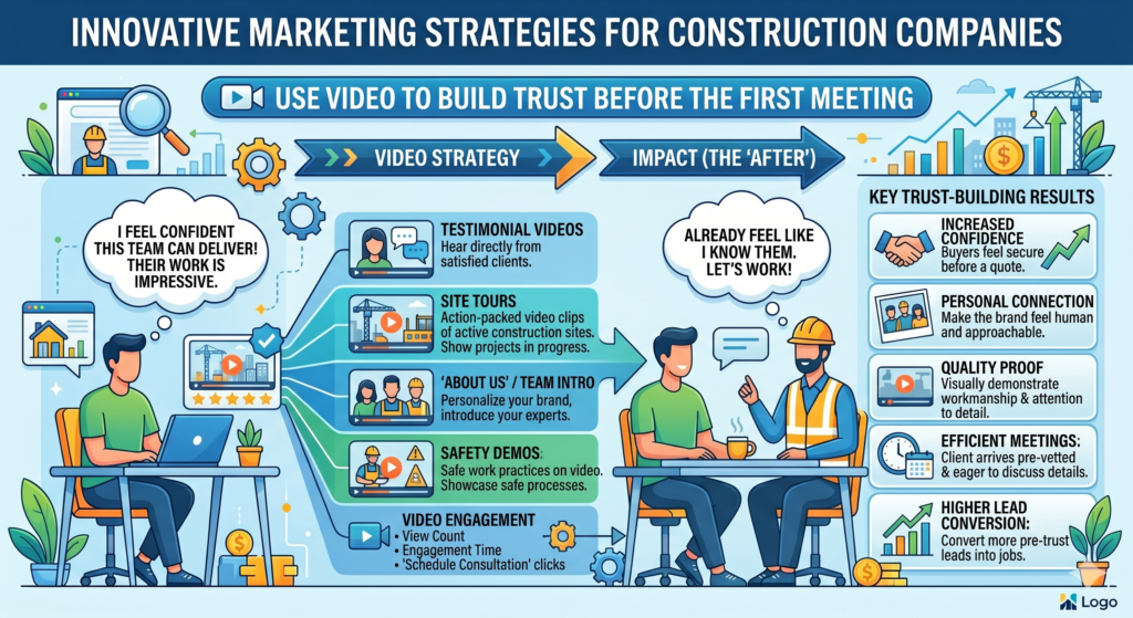 Video is one of the strongest tools for construction marketing because it makes your company feel real. People can see your team, your work, your process, and your personality.