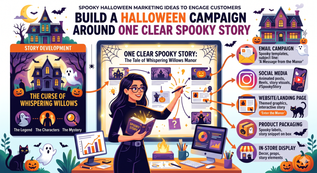A Halloween campaign works best when it feels like a small story, not just a sale with pumpkins around it. People remember stories faster than plain offers. A story gives your campaign a shape. It gives customers a reason to follow along, click again, open the next email, visit the store, or share your post with a friend.