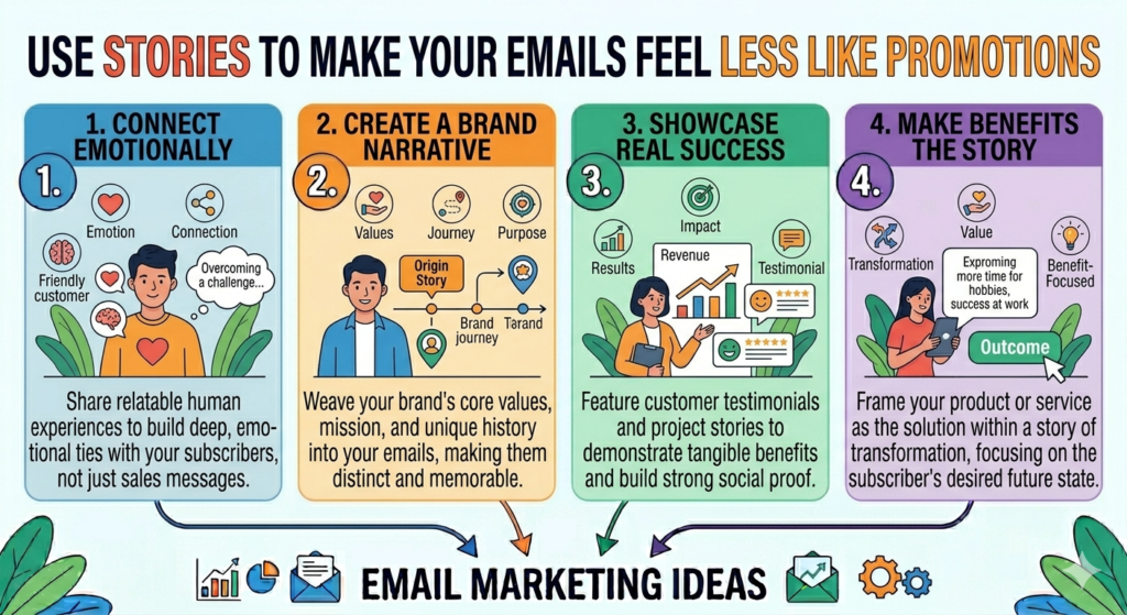 That is why story-based emails often work so well. A story gives the reader a reason to stay with the message. It makes the email feel more human. It also helps you teach, persuade, and sell without sounding like you are pushing too hard.