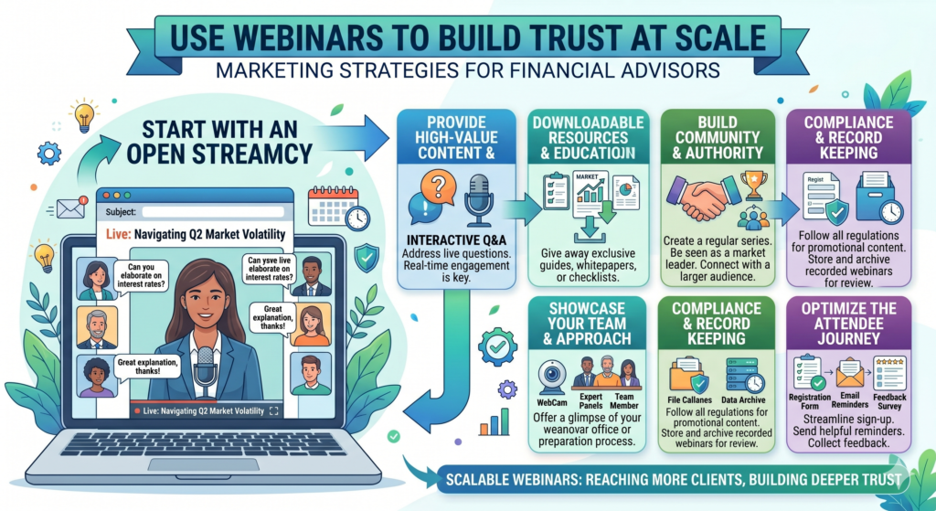 Webinars work well for financial advisors because they create time and attention. A blog post may get a few minutes. A LinkedIn post may get a few seconds. But a webinar can give you thirty to sixty minutes with people who care about one clear topic.