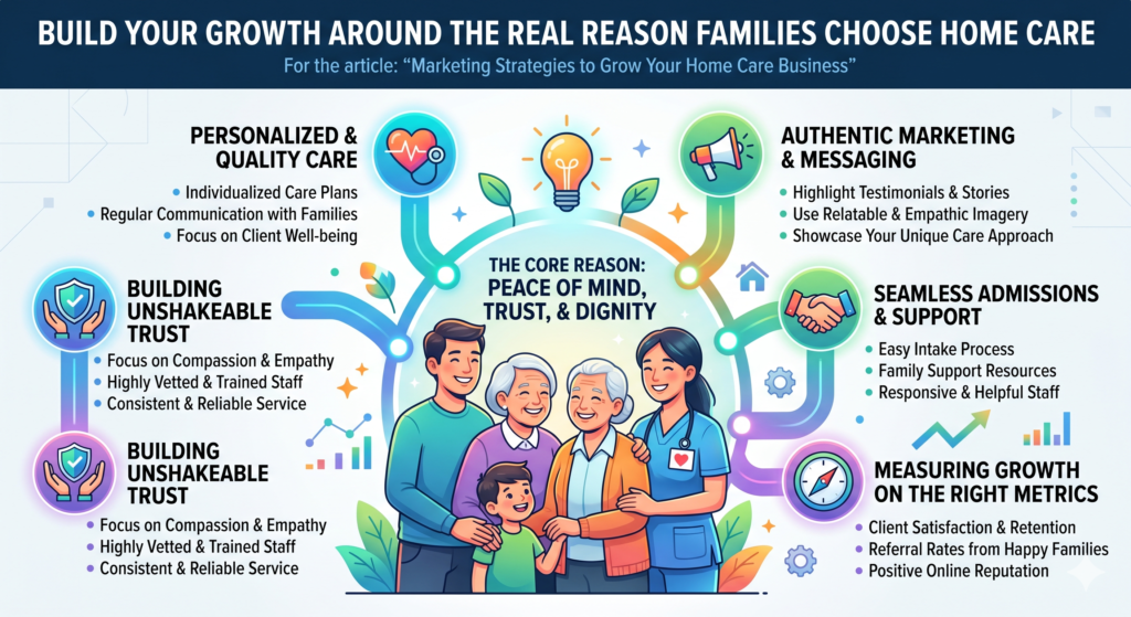 Most home care agencies start their marketing in the wrong place. They begin by talking about their services. They say they offer personal care, companion care, respite care, dementia care, meal help, bathing support, and light housekeeping.