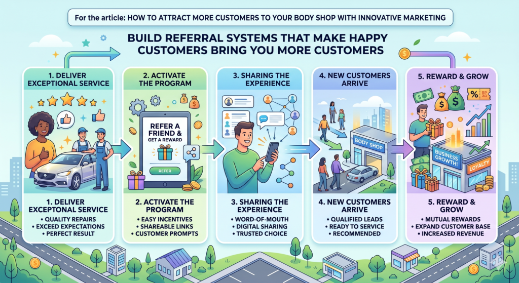 Referrals are powerful for body shops because people trust friends, family, coworkers, and neighbors. When someone says, “I used this shop and they treated me well,” that carries more weight than an ad.