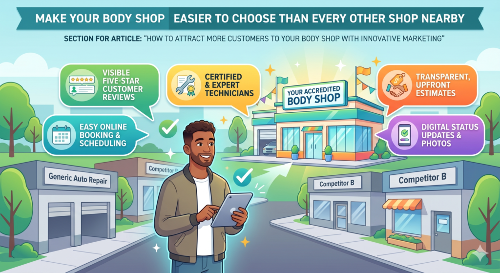 At the end of the day, body shop marketing is about making the customer’s choice easier. A stressed driver is comparing options quickly. They look at reviews. They scan websites. They check photos. They call. They listen to how they are treated. They ask themselves which shop feels safest.
