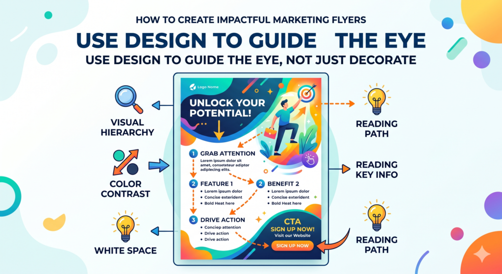 Design is not only about making the flyer look attractive. Design has a job. It guides the reader’s eyes. It helps them notice the most important parts first. It makes the message easier to understand.