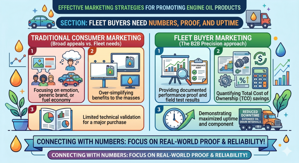 Fleet buyers do not think like normal car owners. They care about cost per kilometer, service intervals, downtime, fuel use, engine life, warranty support, and supply reliability. Emotional ads alone will not move them.