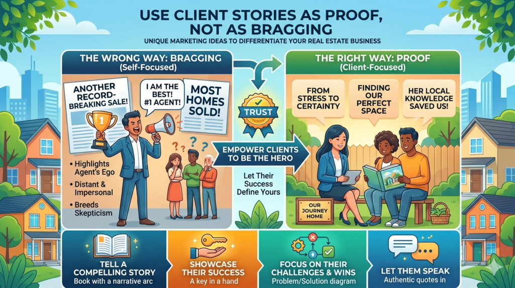 Many agents use proof in a way that sounds like bragging. They post “Sold above asking!” or “Another happy client!” again and again. This can work sometimes, but if every post is a celebration, people may stop paying attention.