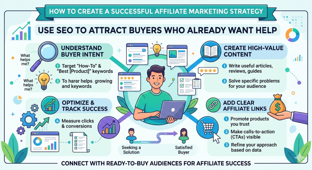 SEO is one of the strongest channels for affiliate marketing because it can bring people who are already looking for answers. These people are not being interrupted. They are asking questions. They are searching for help. They are trying to make a decision.