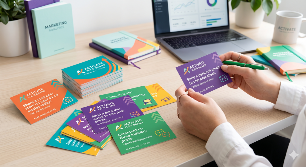 Challenge cards are creative items that invite people to take a small action. They can be used in events, mail campaigns, onboarding kits, coaching programs, employee campaigns, social media challenges, or customer communities. Each card gives one clear challenge that the person can complete quickly.