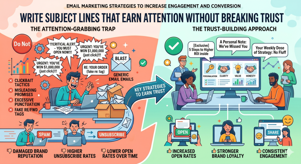But there is a trap here. Many marketers chase opens at any cost. They use fake urgency, dramatic claims, or curiosity that has little connection to the email. That may lift opens for a short time, but it weakens trust. When readers feel tricked, they stop believing you.