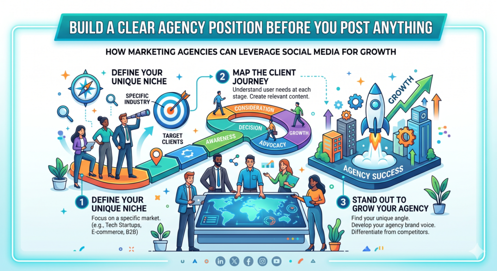 Before your team posts more, films more, designs more, or writes more, you need to decide what your agency wants to be known for. This is the step many agencies skip. They rush into content because content feels productive. But without a clear position, more content only creates more noise.