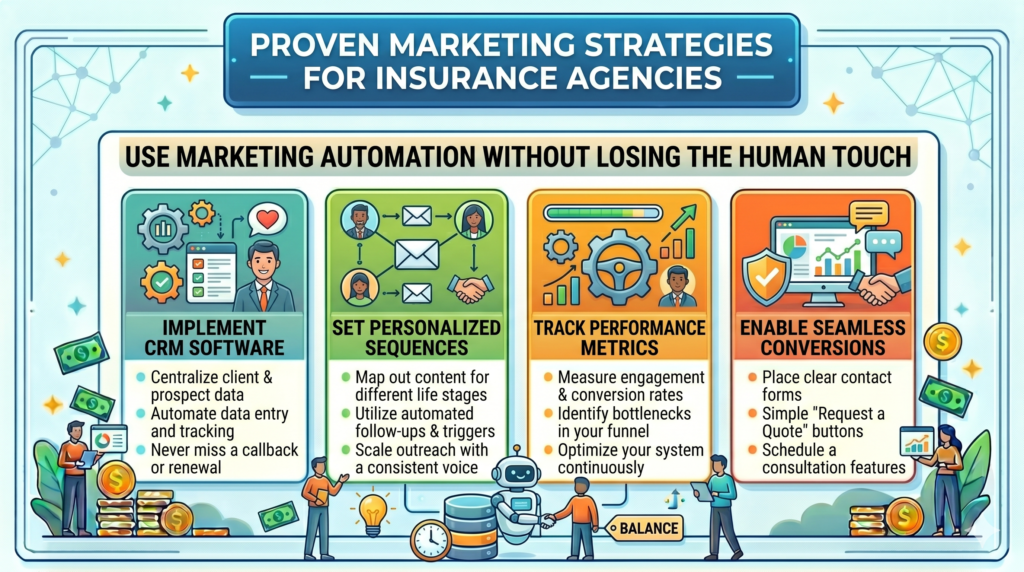 Marketing automation can be very helpful for insurance agencies. It can remind leads to respond, educate prospects, send renewal messages, ask for reviews, follow up after quotes, and keep clients engaged all year.