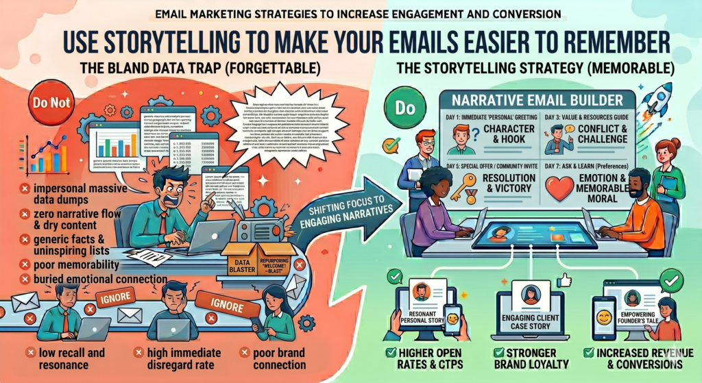 This is why storytelling works so well in email marketing. A story gives the reader something to picture. It turns a lesson into a real moment. It makes your message feel less like a marketing push and more like a helpful conversation.