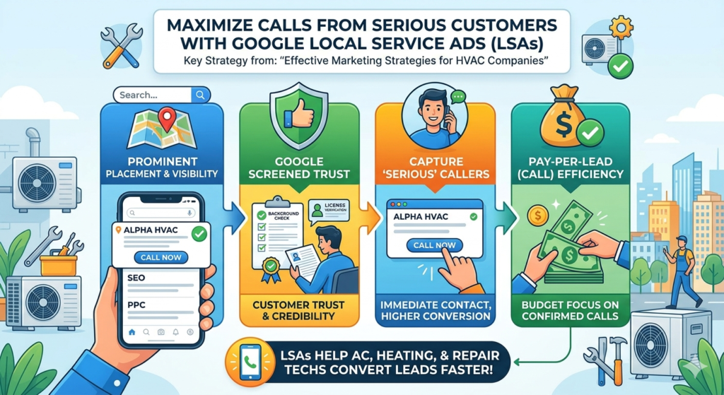 Local Service Ads can be a strong channel for HVAC companies because they appear near the top of Google for local service searches. They are built for people who want to contact a nearby provider quickly. This makes them a good fit for repair calls, urgent service, tune-ups, and estimate requests.