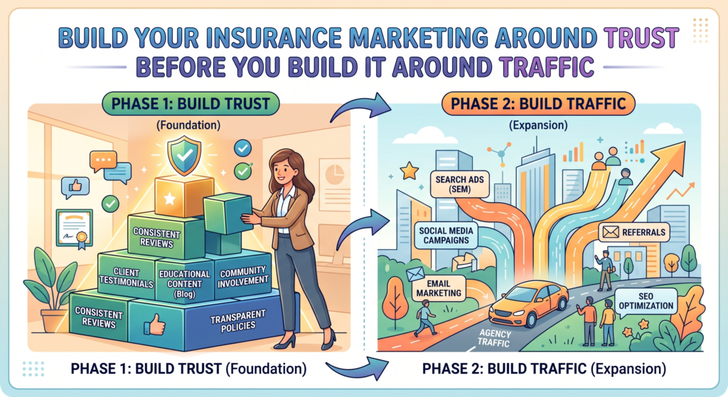 Many insurance agencies make the mistake of chasing traffic first. They want more website visitors, more ad clicks, more quote forms, and more social media reach. Those things matter, but they do not help much if the buyer lands on your site and still feels unsure.