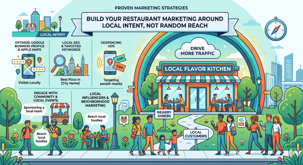 Most restaurants do not need to become famous across the whole city. They need to become the obvious choice for people who live, work, shop, study, or stay nearby.