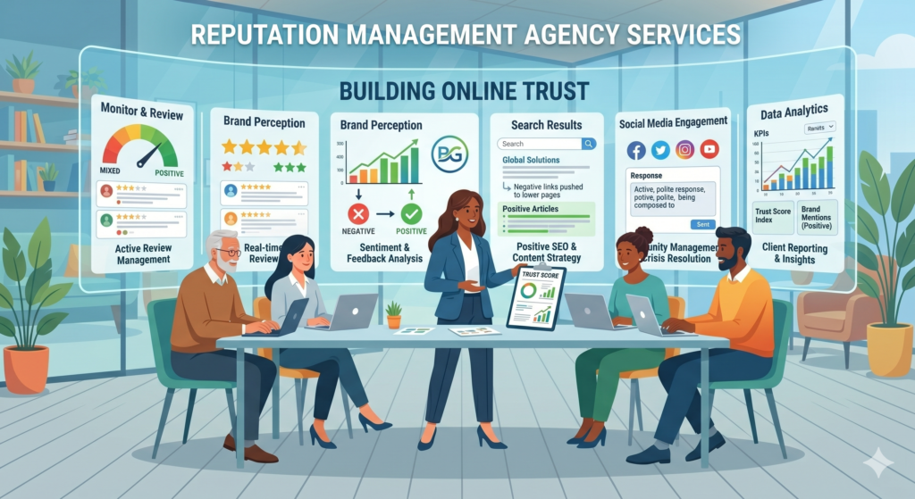A reputation management agency helps businesses improve how they are seen online. This can include reviews, ratings, customer feedback, search results, social proof, and public trust.