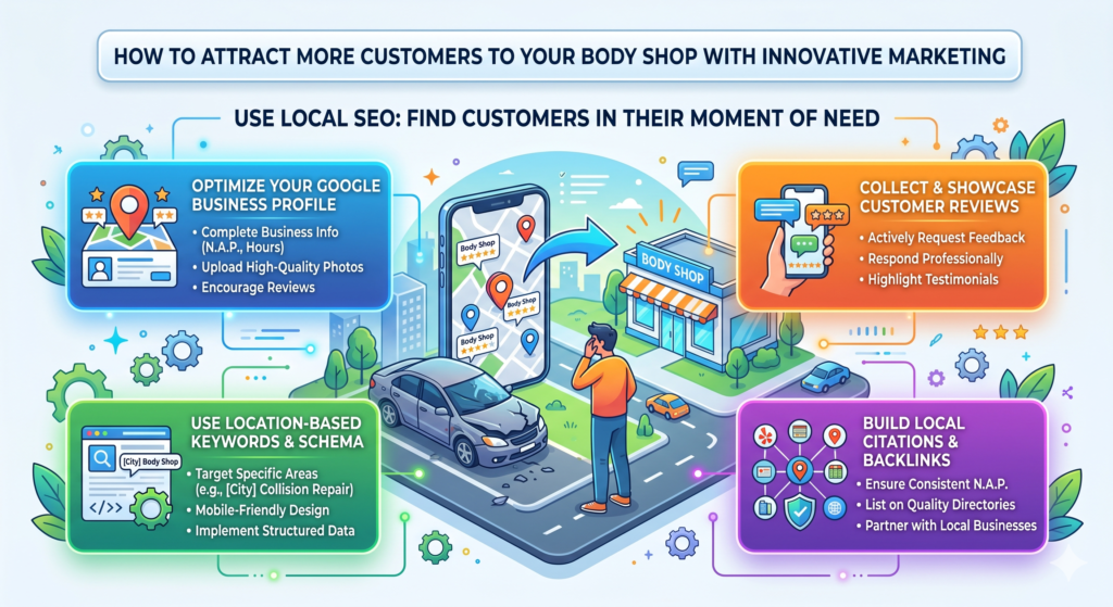 Local SEO is one of the best long-term marketing tools for a body shop. It helps your shop show up when people nearby search for repair services. Unlike social media, where people may not need you at that moment, search traffic often comes from people with active demand.
