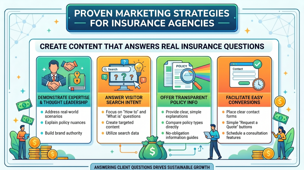 Content marketing works well for insurance agencies because buyers have many questions. They want to know what coverage means, how much protection they need, why prices changed, what is required, what is optional, and what could go wrong if they choose the wrong policy.