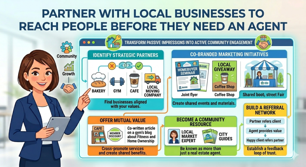 Real estate is deeply local, so your marketing should not live only online. Local businesses already have relationships with the same people you want to reach. When you build smart partnerships, you can earn trust through the community instead of always paying for attention.