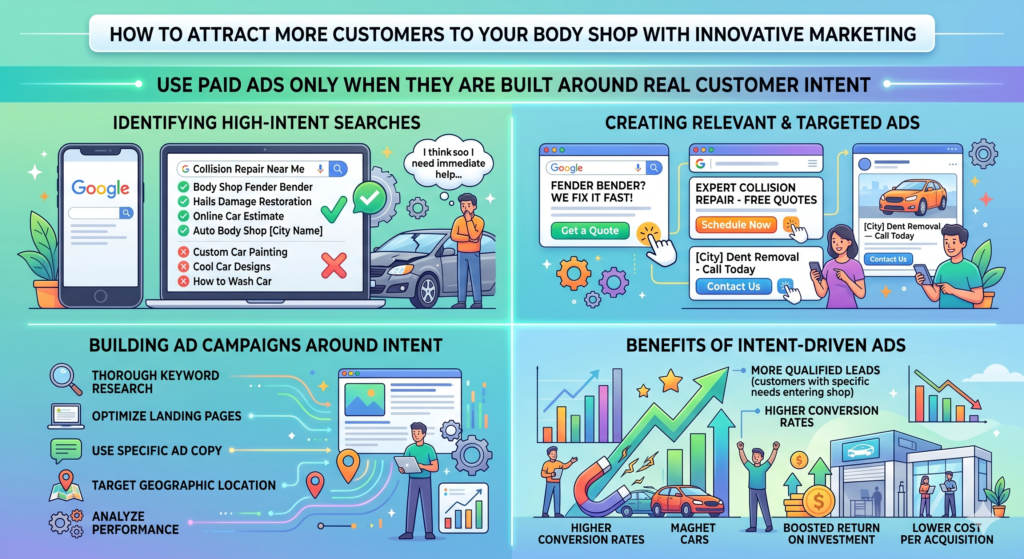 Paid ads can work very well for a body shop, but only when they are used with care. Many shops waste money because they run broad ads to people who are not ready to book. They boost random social posts, target wide areas, or use weak messages like “Call us for auto body repair.” That kind of ad may get views, but views do not pay the bills.