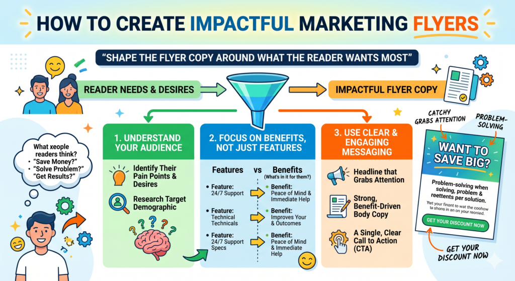 This is where many flyers become weak. They either say too little, so the reader does not understand the value, or they say too much, so the reader feels tired before taking action. Strong flyer copy sits in the middle. It gives enough detail to create interest, but not so much that it feels heavy.