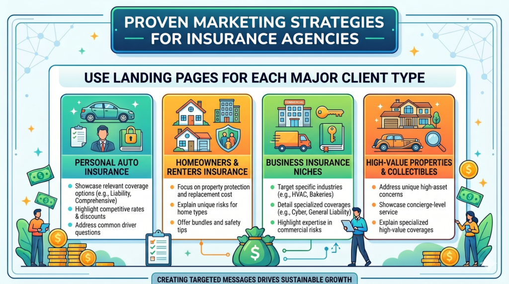 A general website can help, but focused landing pages often convert better. This is because each type of buyer wants to feel like your agency understands their exact world.