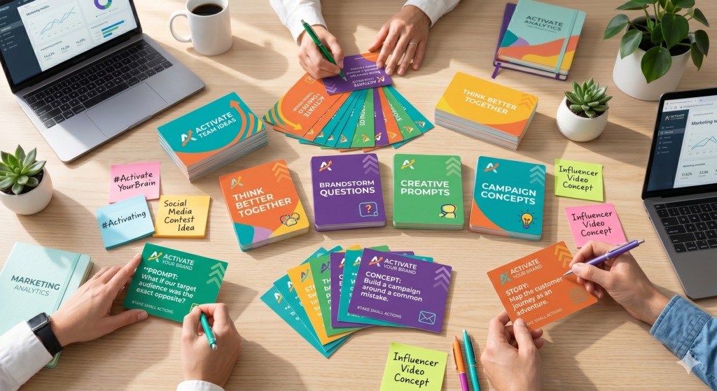Idea cards are simple cards with prompts that help people come up with better ideas. They can be used in workshops, team meetings, planning sessions, events, and client strategy calls. Each card can ask a question, suggest a new angle, or push the team to look at a problem differently.
