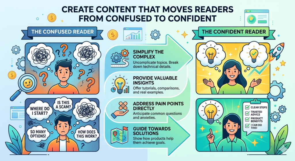 Content is the engine of affiliate marketing. It brings the audience in, earns trust, explains the problem, compares choices, and leads the reader toward action.