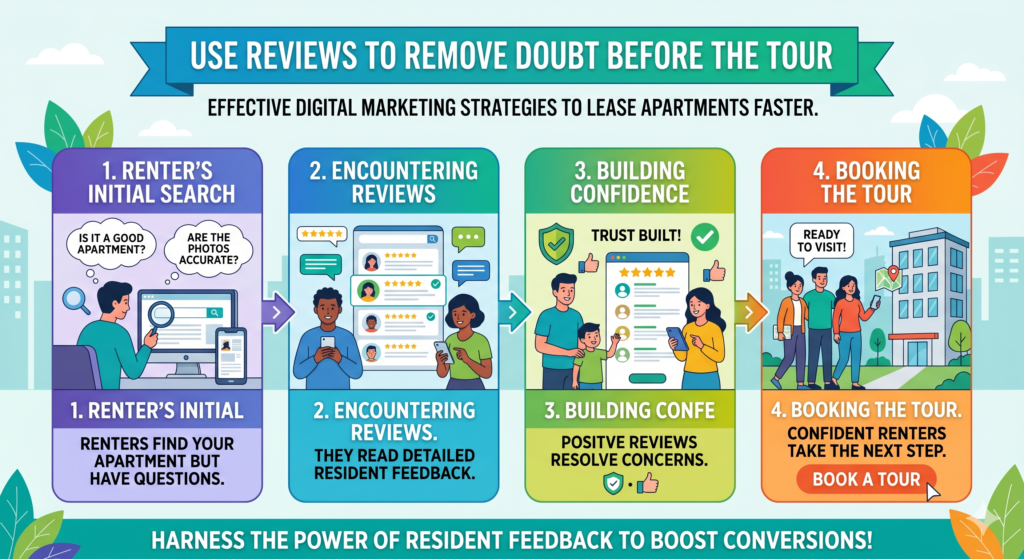 Reviews are one of the most powerful parts of apartment marketing because renters know the property will always present itself in the best light.
