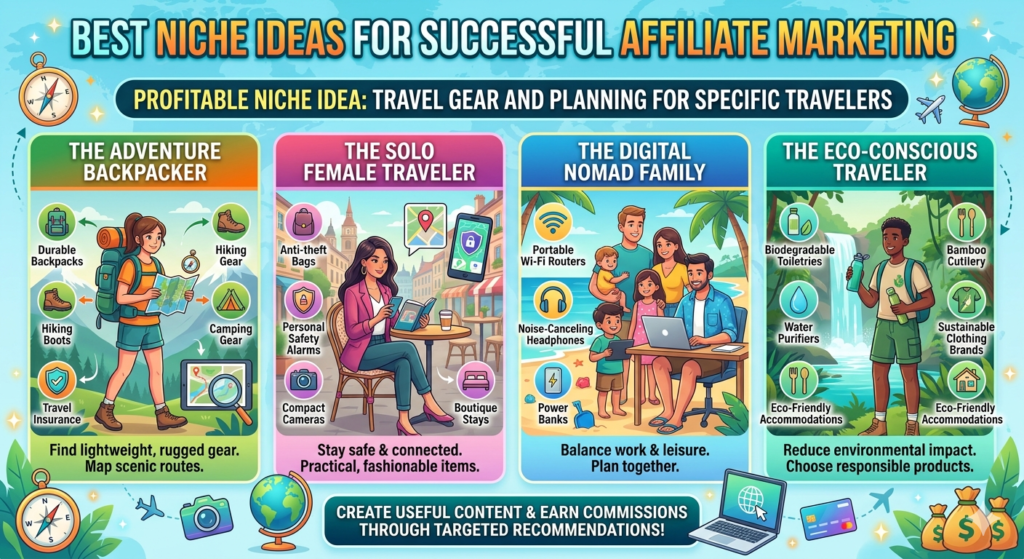 Travel is a proven affiliate niche because people buy before trips. They need bags, travel insurance, booking tools, clothing, adapters, packing cubes, credit cards, language apps, tours, car rentals, and planning resources.