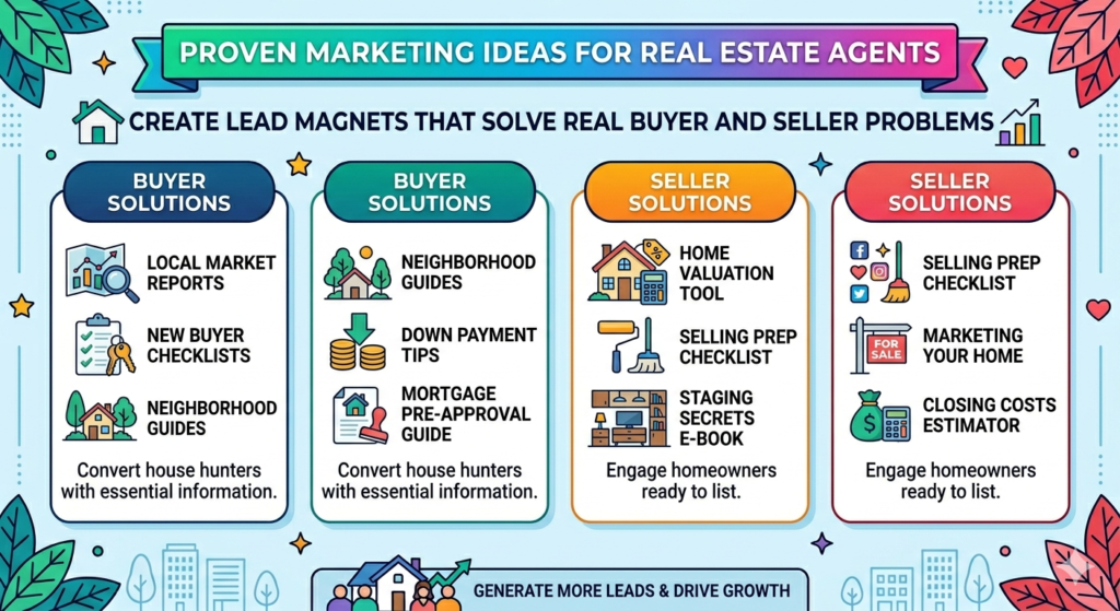 A lead magnet is a helpful resource that people can get in exchange for their contact details. Many agents use generic guides, but most of them are too bland to work well. A guide called “Home Buying Tips” may not feel strong enough to make someone take action. People need a clear reason to care.