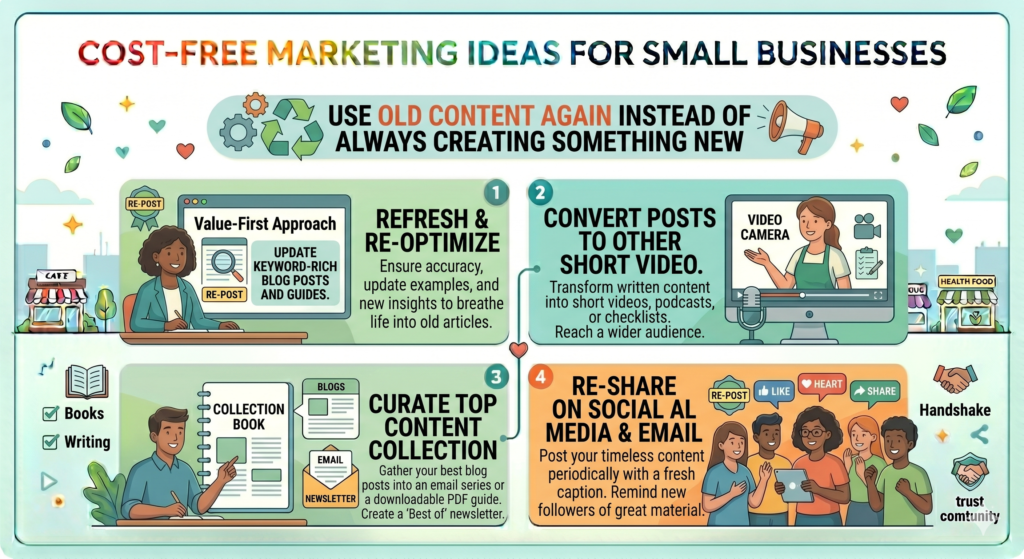 Small business owners often feel tired because they think marketing means creating new content every day. That is not true. Good content can be used many times in many ways.