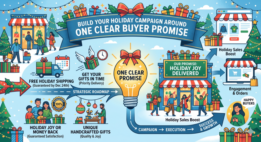A strong holiday campaign starts with a clear promise. Not a vague message like “best holiday deals” or “shop now before it ends.” Those lines are everywhere. Your buyer has seen them many times. They do not stop the scroll because they do not say anything useful.