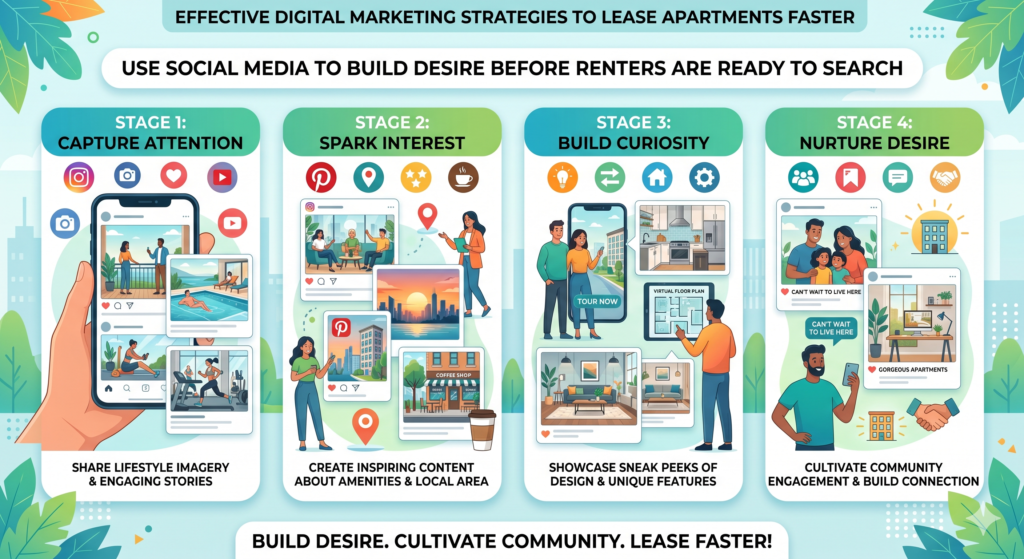 A renter may see your property on Instagram, TikTok, Facebook, or YouTube before they ever search for apartments in your area. They may not be ready to move today, but they may remember the property later because your content made it feel real.