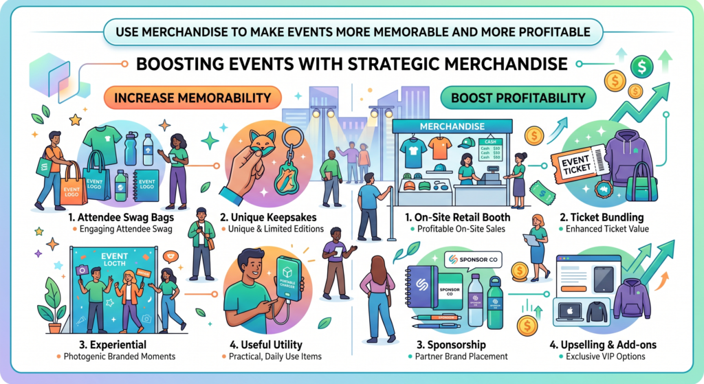 Events are one of the most common places brands use merchandise. They bring boxes of giveaways, place them on a table, hand them out to visitors, and hope people remember the brand later.