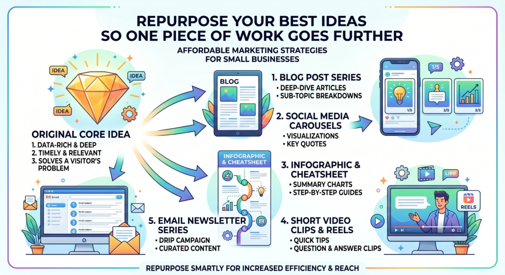 Small businesses do not have endless time. That is why repurposing matters. Repurposing means taking one good idea and using it in different ways across different channels.