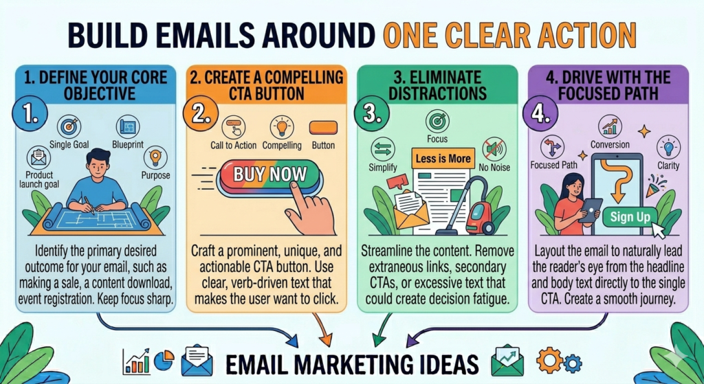 Many emails try to do too much. They ask the reader to read a blog post, watch a video, check a product, follow on social media, use a discount, join a webinar, and reply with feedback.