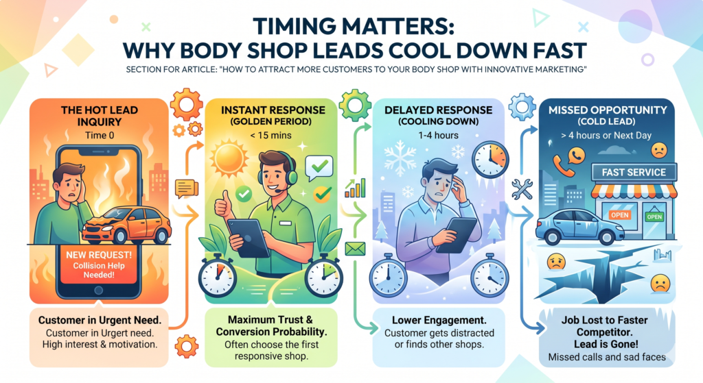 When someone needs collision repair, they may contact several shops in the same hour. If your shop waits too long to respond, another shop may win the job before you even speak with the customer.