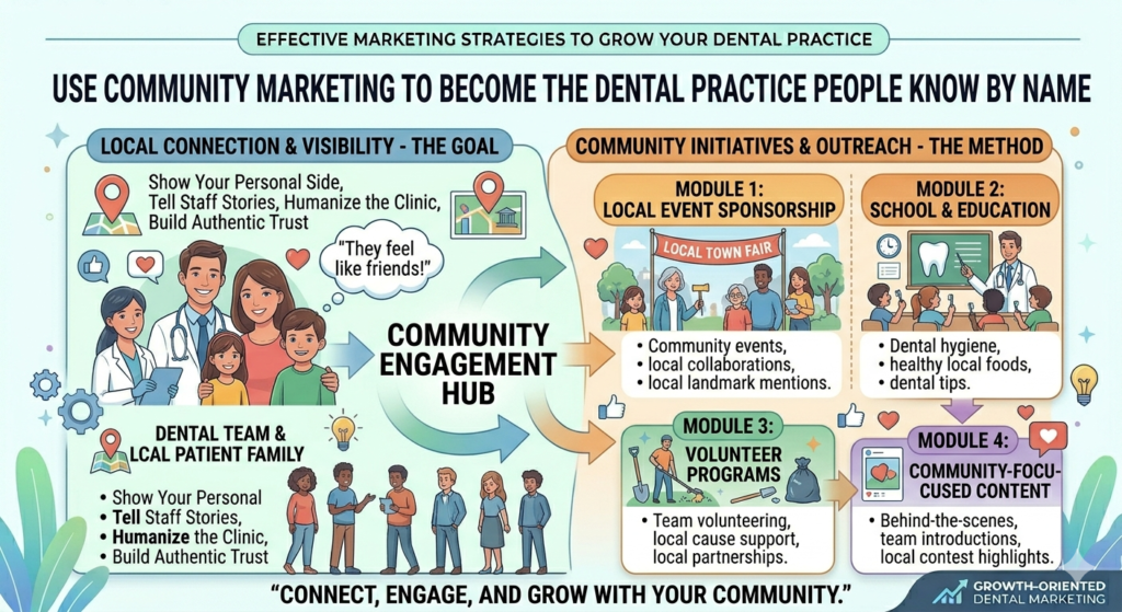 Dental practices grow faster when people in the local area recognize and trust the name. This is why community marketing still matters. Digital marketing can help patients find you, but local presence helps them remember you.